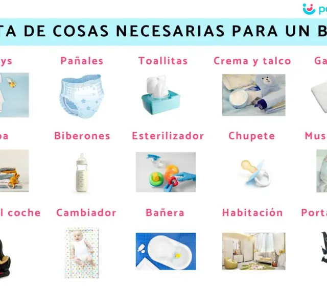Lista de cosas necesarias para un bebé: bodys, pañales, toallitas, crema, gasas, ropa, biberones, esterilizador, chupete, muselina, silla de coche, cambiador, bañera, habitación y portabebé.