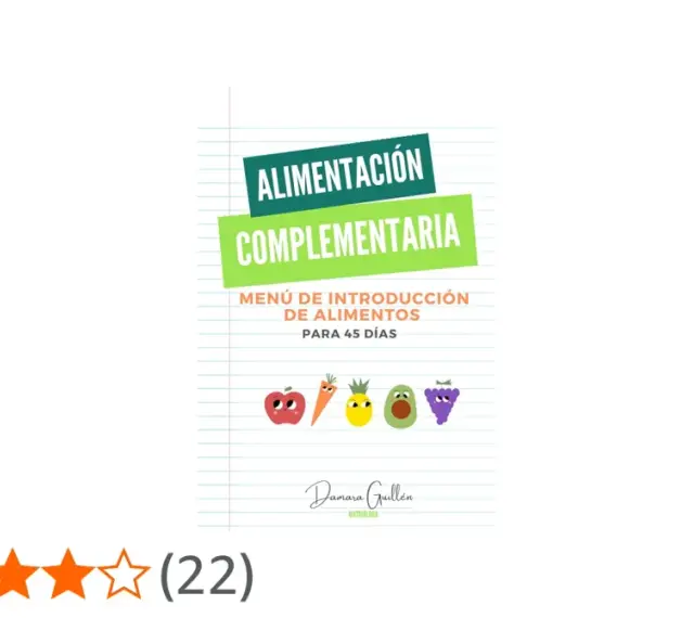 Menús de alimentación complementaria para introducir alimentos en 45 días, con ilustraciones de frutas y verduras.