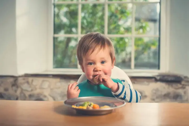 Un bebé con babero verde come felizmente de un plato. Parece que está disfrutando de su comida, quizás marisco para bebés.