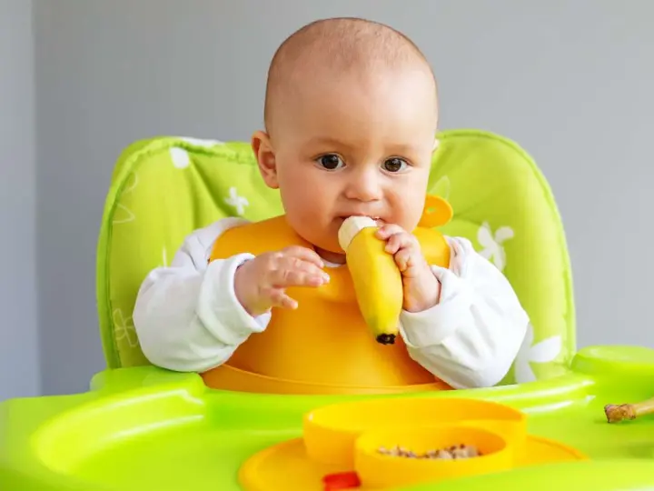Bebé con babero amarillo comiendo una fruta (plátano) en su trona verde.