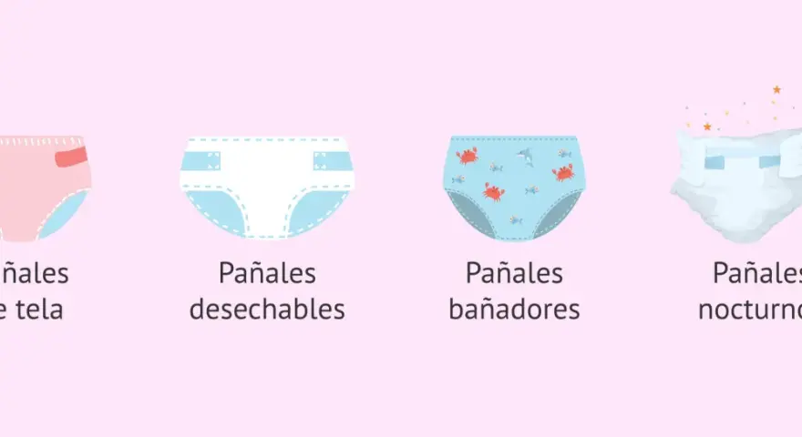 Ilustración de pañales de tela, desechables, bañadores y nocturnos. ¿Cuántos pañales gasta un bebé al día? Varía según el tipo.