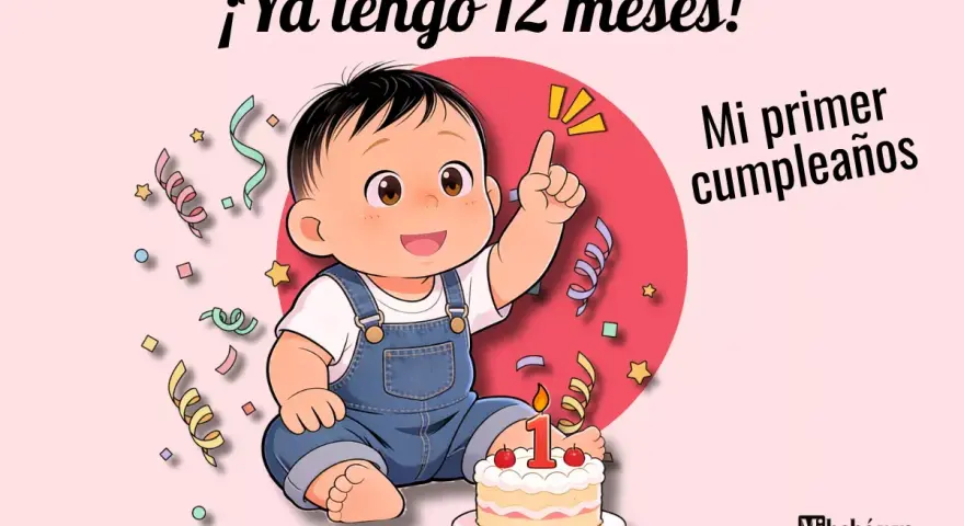 Un bebé de 1 año celebra su primer cumpleaños con un pastel y confeti. ¡Ya tengo 12 meses!