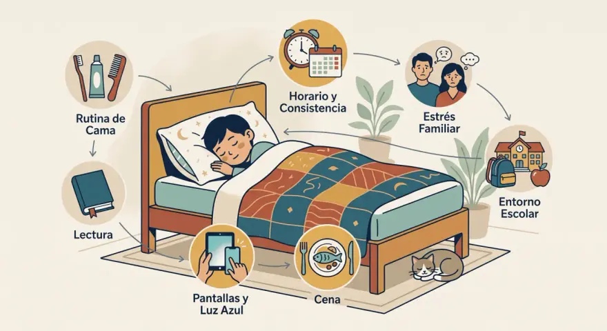 Ilustración sobre factores que influyen en los terrores nocturnos en niños: rutina, pantallas, cena, horario, estrés familiar y entorno escolar.