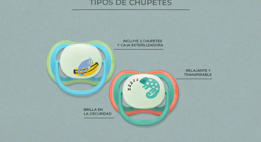 Dos tipos de chupetes: uno azul con mono en plátano que brilla en la oscuridad, otro coral con camaleón dormido. Incluyen caja esterilizadora.
