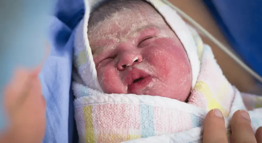 Recién nacido envuelto en una manta, con la piel rosada y cubierta de vernix bebe. Una mano lo acaricia suavemente.