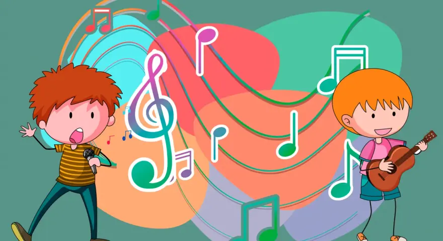 Niños cantando y tocando guitarra, rodeados de notas musicales y colores vibrantes. Descubre qué es el ritmo musical para niños.