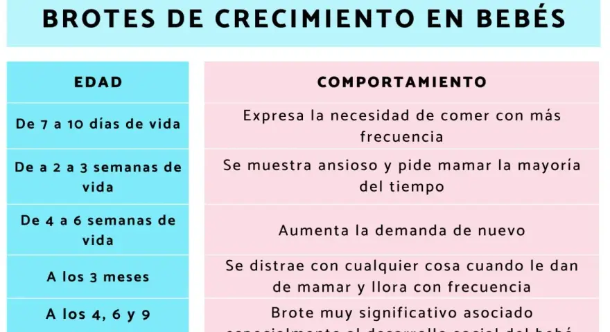 Tabla de brotes de crecimiento en bebés: edades y comportamientos asociados.