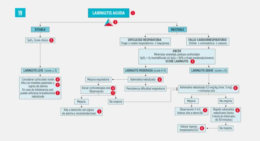Diagrama de flujo para laringitis aguda en niños. Muestra síntomas y manejo según la gravedad: leve, moderada o grave.