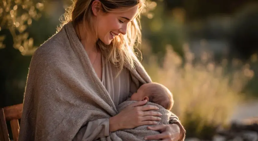 Madre sonriente abraza a su bebé, envueltos en una manta. Un momento tierno que ilustra los hermosos tipos de lactancia.