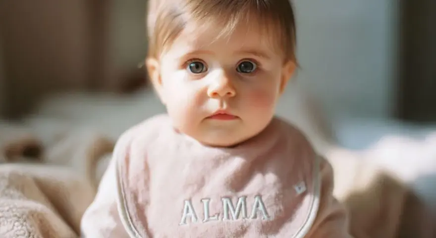 Bebé con ojos grandes y curiosos, lleva un babero rosa con el nombre "Alma" bordado.