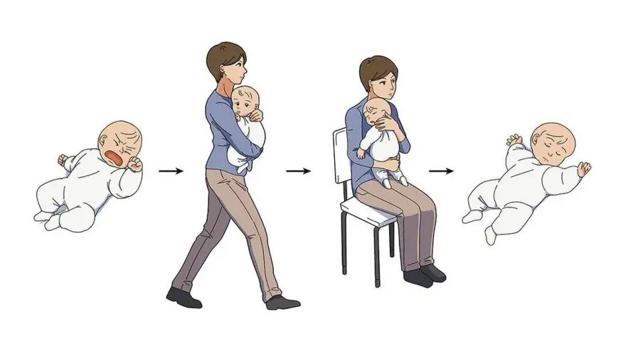 Ilustración muestra técnicas para dormir a un bebé: de llorar a ser acunado y luego dormido en brazos.