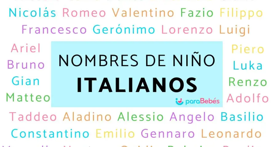 Lista de nombres italianos para niños: Alessio, Carlo, Dante, Emanuele, Giulio, Nicolás, Romeo, Valentino, Fazio, Filippo, Francesco, Gerónimo, Lorenzo, Luigi, Ariel, Bruno, Gian, Matteo, Piero, Luka, Renzo, Adolfo, Taddeo, Aladino, Angelo, Basilio, Co...