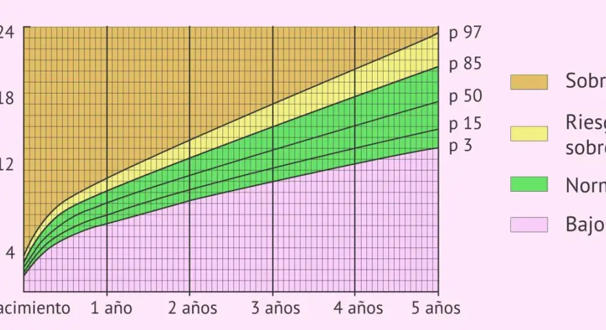 Gráfica de percentil de peso para la edad de un bebé, mostrando categorías de bajo peso, normal, riesgo de sobrepeso y sobrepeso.