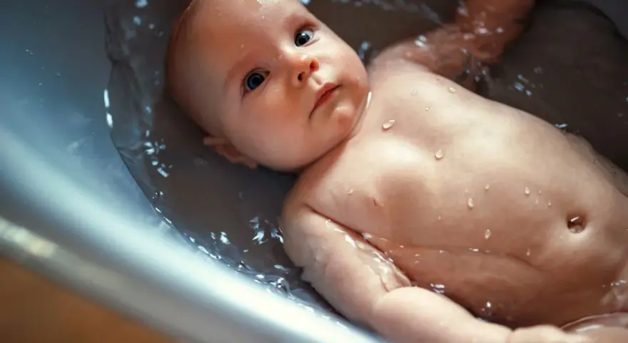 Un bebé disfruta de un baño relajante en la bañera. Se puede bañar a un bebé después de comer para una higiene completa.