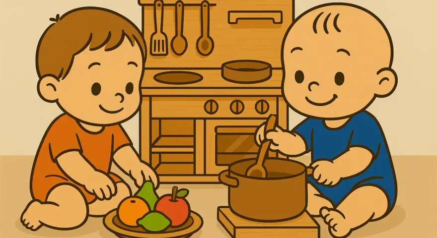 Dos bebés disfrutan de juegos de representación en una cocina de juguete, uno con frutas y otro revolviendo una olla.