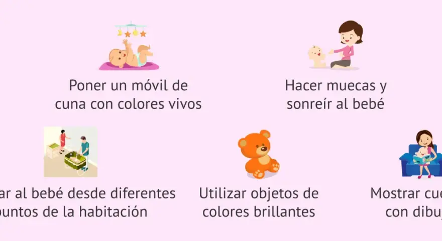 Un bebé de 3 meses ve el mundo con asombro. Imágenes muestran cómo estimularlo: móvil de cuna, sonrisas, objetos brillantes y cuentos.