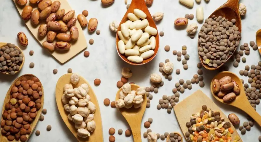 Cucharas de madera repletas de legumbres bebes: lentejas, garbanzos y frijoles de diversos tipos, esparcidos sobre una superficie clara.