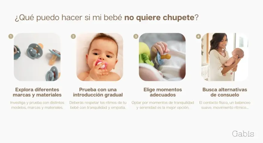 Bebé rechaza el chupete. Explora marcas, prueba gradualmente, elige momentos y busca consuelo alternativo.