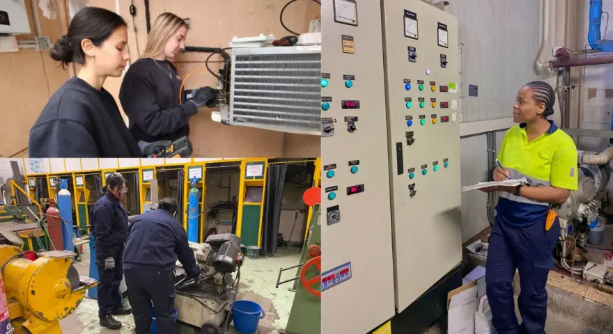 Alazne nombre, aprendiendo mecánica. Mujeres trabajando en un taller, revisando un panel de control y un equipo de refrigeración.