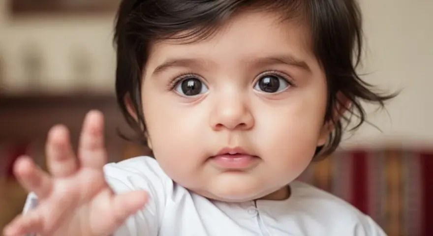 Bebé con ojos grandes y oscuros, mano extendida. Su nombre, Salma, significa paz.