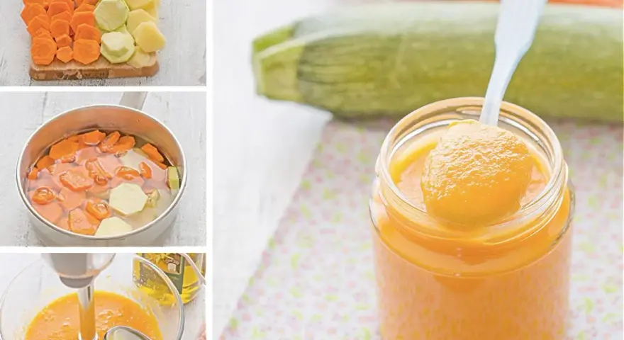 Preparación de puré para bebés: zanahorias y calabacín cocidos y triturados hasta obtener una textura suave.