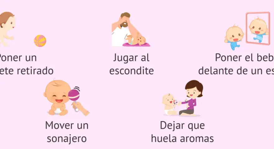 Ilustraciones muestran cómo los bebés aprenden cuando imitan: gateando hacia un juguete, jugando al escondite, viéndose en un espejo, escuchando un sonajero y oliendo flores.