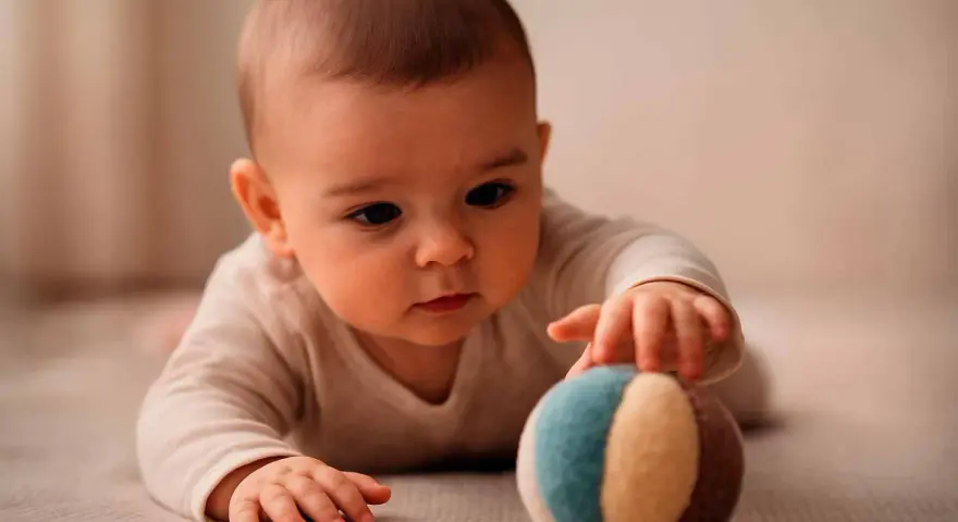 Bebé concentrado, explorando el mundo cuando empiezan a coger cosas. Toca una pelota de tela con sus manitas.