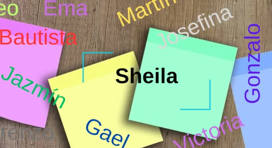 Notas adhesivas con nombres: Sheila, Gael, Bautista, Jazmín, Ema, Martín, Josefina, Gonzalo, Victoria, Renzo.