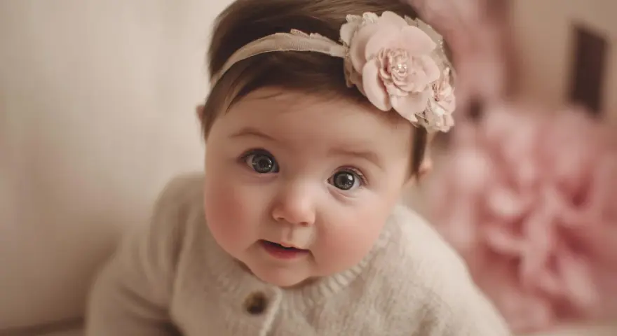 Bebé con diadema floral, sus ojos reflejan la ternura de nombres que significan amor.