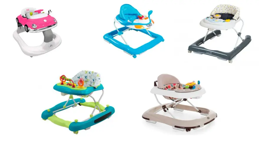 Andadores para bebés: un coche rosa, uno azul, uno gris, uno turquesa y uno beige. ¡Listos para el taka taka niños!