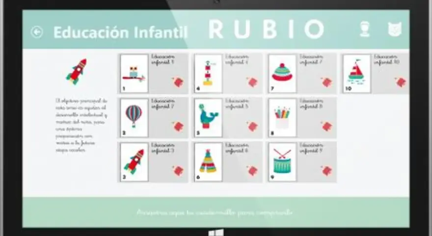 Pantalla de tablet con app de educación infantil. Muestra tarjetas con dibujos de cohetes, globos, animales y juguetes, ideal para el app crecimiento bebé.