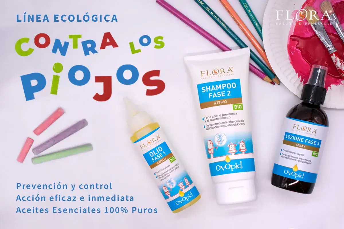 Línea ecológica contra los piojos: champú, aceite y spray de la marca OvOpid, con aceites esenciales 100% puros.
