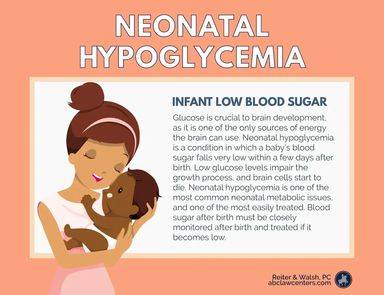 Ilustración de una madre abrazando a su bebé, con texto sobre hipoglucemia neonatal.