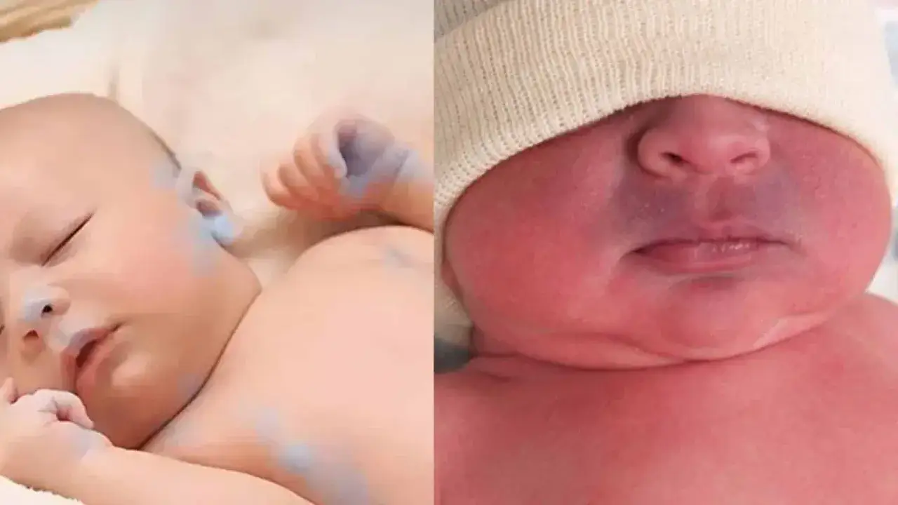 Beb&eacute; con cianosis en labios y nariz. La piel del beb&eacute; muestra un tono azulado, indicativo de posible cianosis.