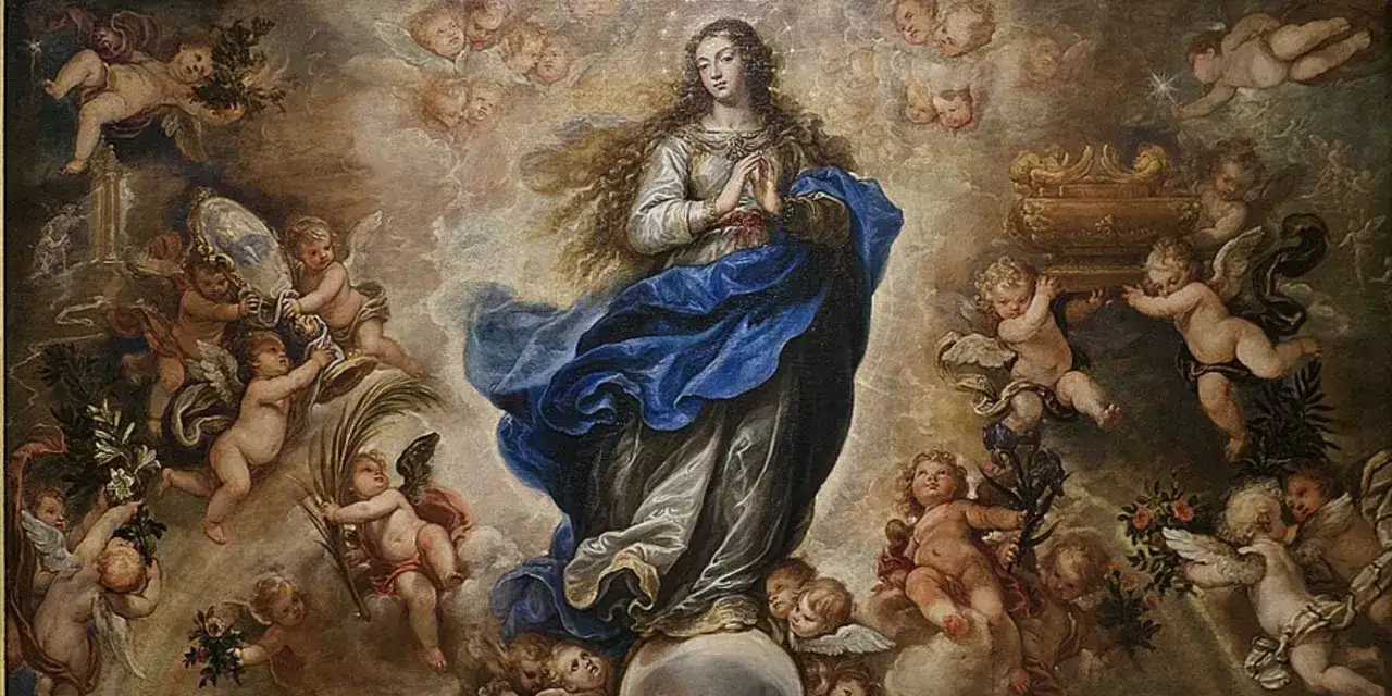 La Inmaculada Concepci&oacute;n, con su nombre grabado en el cielo, rodeada de &aacute;ngeles que portan s&iacute;mbolos de pureza y gloria.