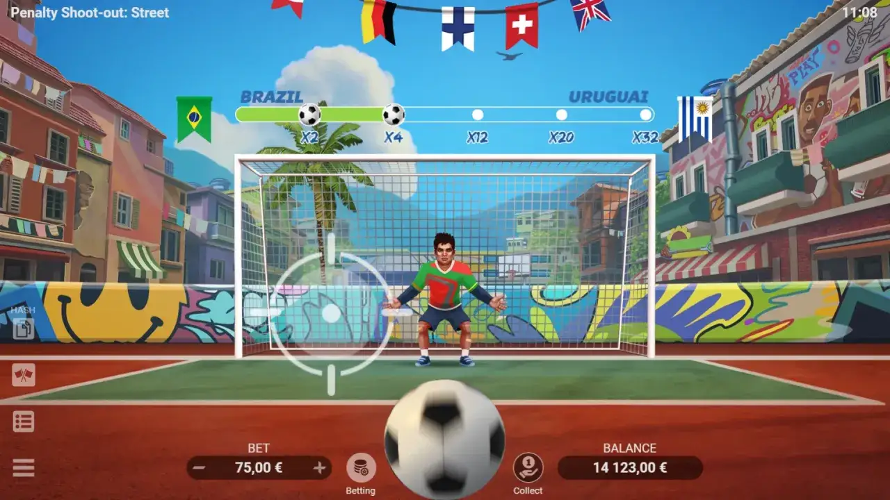 Juego de penaltis casino: Brasil vs Uruguay. Explora los multiplicadores X2, X4, X12, X20 y X32 para tus apuestas.