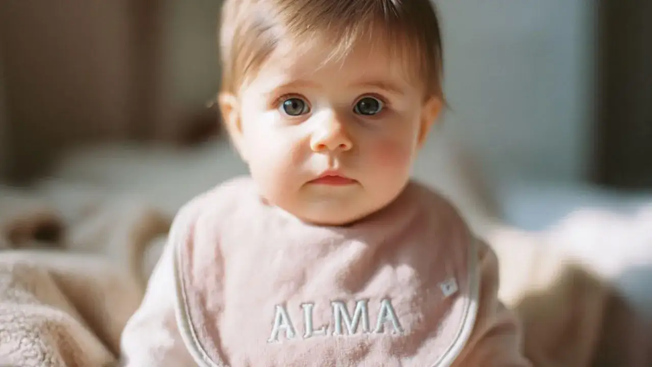 Beb&eacute; con ojos grandes y curiosos, lleva un babero rosa con el nombre 