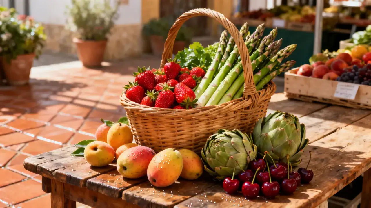Cesta con fresas y esp&aacute;rragos, junto a mangos, cerezas y alcachofas. &iexcl;Un fest&iacute;n de frutas de primavera!