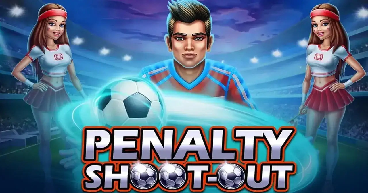 Juego de penaltis casino: descubre los multiplicadores. Un futbolista y animadoras en un estadio, con un balón de fútbol en movimiento.