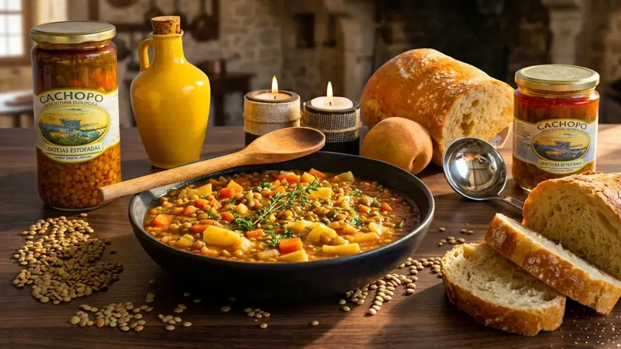 Un plato humeante de lentejas estofadas, pan rústico y tarros de lentejas. ¡Un festín para empezar y repetir!