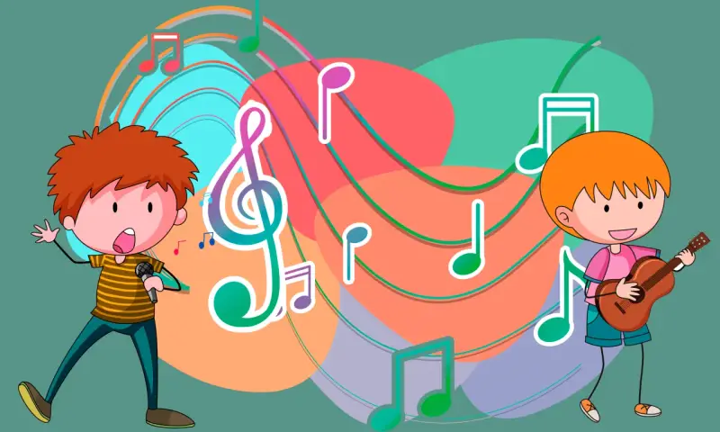 Niños cantando y tocando guitarra, rodeados de notas musicales y colores vibrantes. Descubre qué es el ritmo musical para niños.