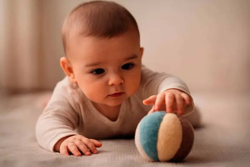 Bebé concentrado, explorando el mundo cuando empiezan a coger cosas. Toca una pelota de tela con sus manitas.